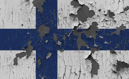 3D Flag of Finland on an old stone wall background.の写真素材