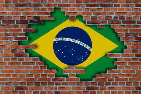 3D Flag of Brazil behind the broken old stone wall background.の写真素材