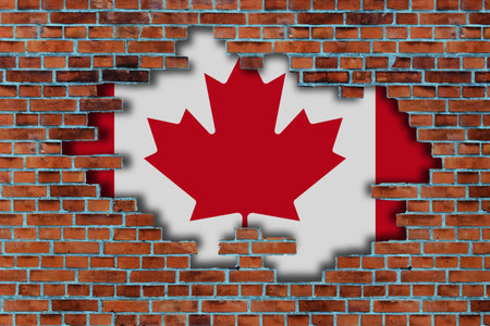 3D Flag of Canada behind the broken old stone wall background.の写真素材