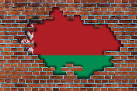 3D Flag of Belarus behind the broken old stone wall background.の写真素材
