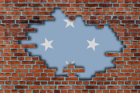 3D Flag of Federated States of Micronesia behind the broken old stone wall background.の写真素材