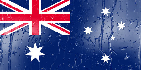 3D Flag of Australia on a glass with water drop background.の写真素材