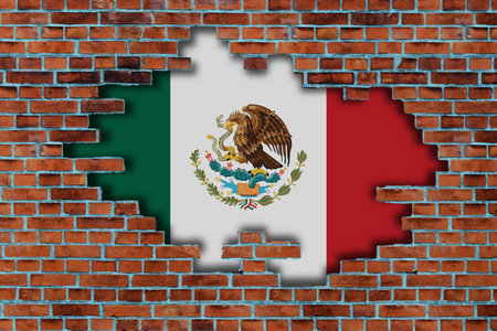 3D Flag of Mexico behind the broken old stone wall background.の写真素材