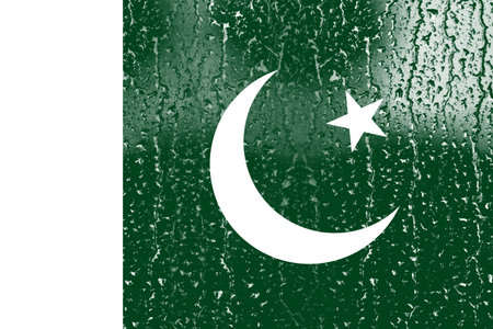 3D Flag of Pakistan on a glass with water drop background.の写真素材