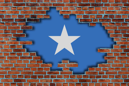 3D Flag of Somalia behind the broken old stone wall background.の写真素材