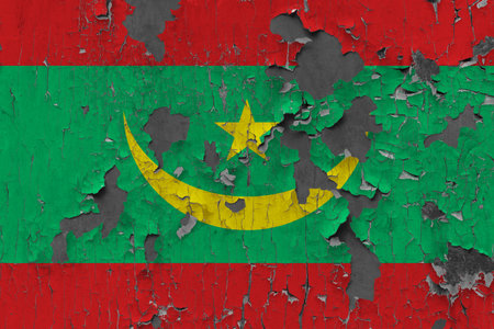 3D Flag of Mauritania on an old stone wall background.の写真素材