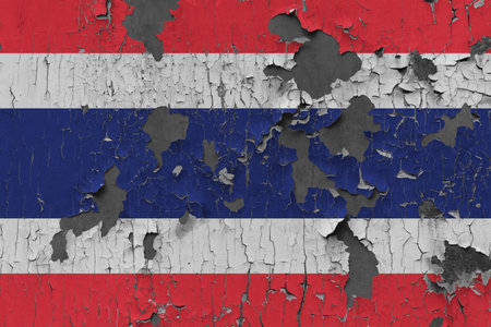 3D Flag of Thailand on an old stone wall background.の写真素材