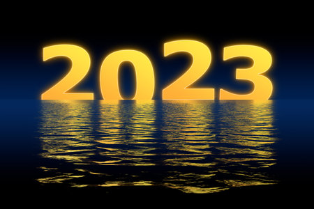 3D illustration concept New Year 2023 design with 2023 and shadows in the water.