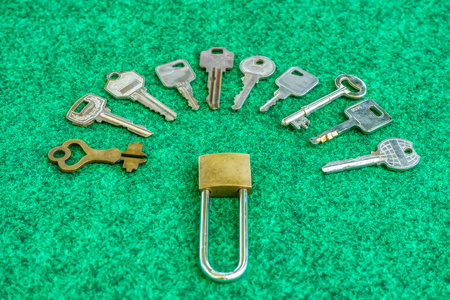 Brass Padlock and many types of keys on green carpet background.
