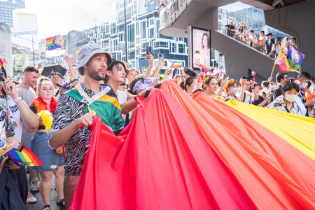 Bangkok, Thailand - JUN 4, 2023 Siam Center The World of Freedom and Pride 2023, The short action and atmosphere of people joins celebrations in the event.のeditorial素材