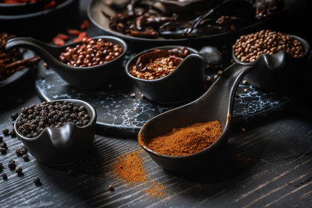 Variety of dried spices and herbs in spoons and bowls on dark wooden background.の写真素材