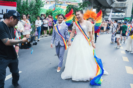 Bangkok, Thailand - JUN 1, 2025 Bangkok Pride Festival 2025, The short action and atmosphere of people joins celebrations in the event. Gender diversity, no division of age, race or religion.のeditorial素材