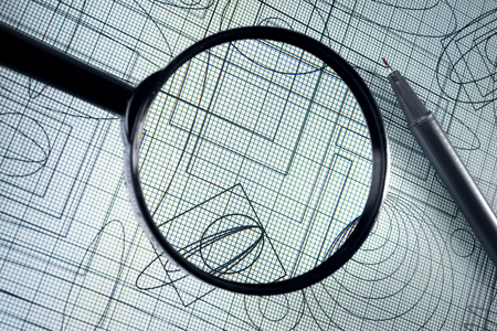 drawing,  magnifying glass and technical pen, selective focusの写真素材