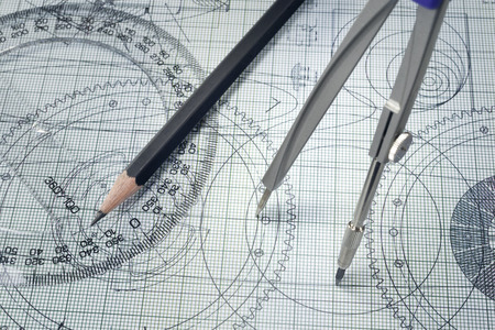 drawing, protractor and pencilの写真素材