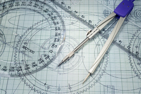 drawing, protractor and compassesの写真素材