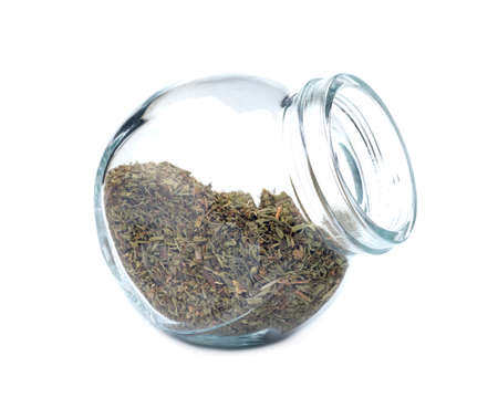 jar with savory, isolated on white backgroundの写真素材