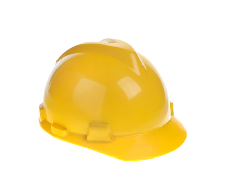 Yellow constructional helmet isolated on white backgroundの写真素材