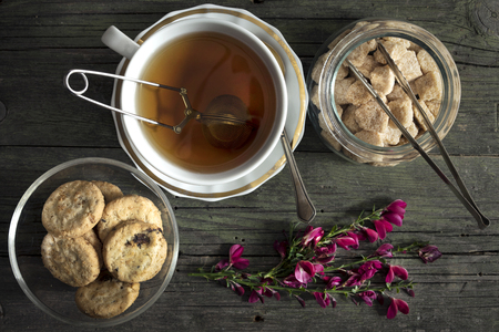 cup with tea on wooden tableの写真素材