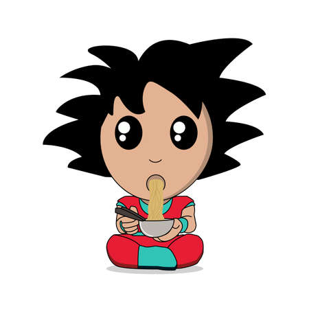 hero in red and blue costume sitting and eating noodles in a bowl using chopsticksのイラスト素材