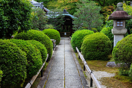 Beautiful Japanese garden and cobblestone in Kyoto, Japan.
