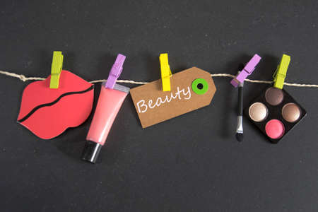 makeup accessories on black backgroundの写真素材