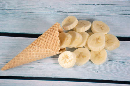 ice-cream wafer with bananaの写真素材