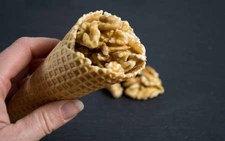 ice-cream wafer with walnutの写真素材