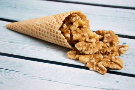 ice-cream wafer with walnutの写真素材