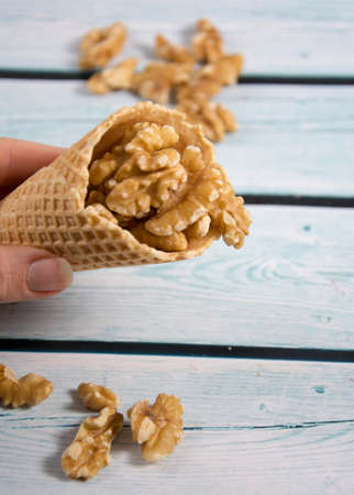 ice-cream wafer with walnutの写真素材