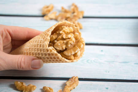 ice-cream wafer with walnutの写真素材