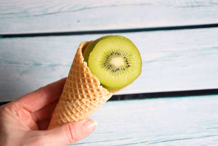 ice cream waffer with kiwiの写真素材