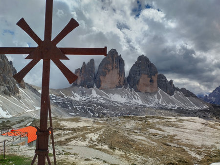 Aerial panoramic view of Tre Cime di Lavaredoの写真素材