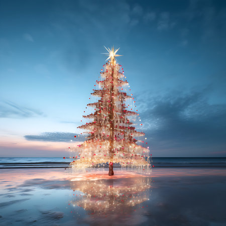 Christmas tree on the beach with reflection in water.の素材