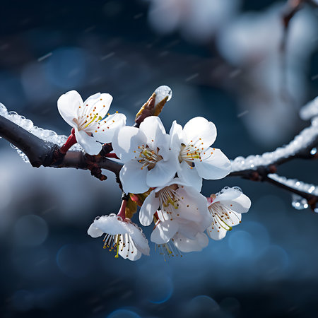 spring flowers on a tree, white flowers on a dark blue backgroundの素材