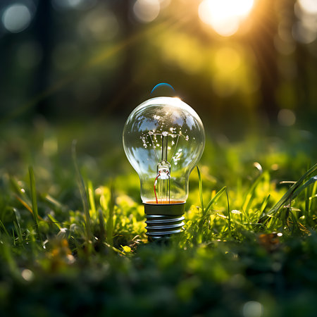 Light bulb in the grass with sunbeams and lens flare.の素材