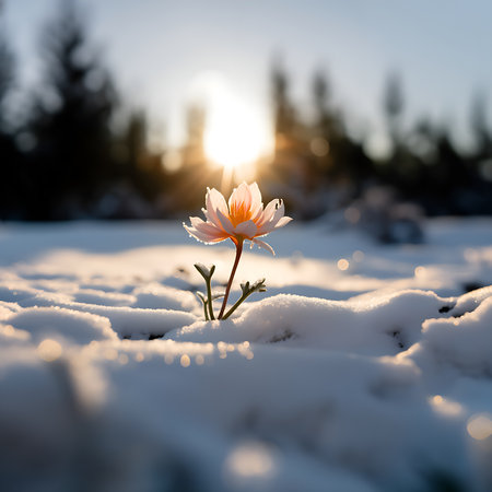 Beautiful snowdrop flower in the snow in the rays of the setting sunの素材