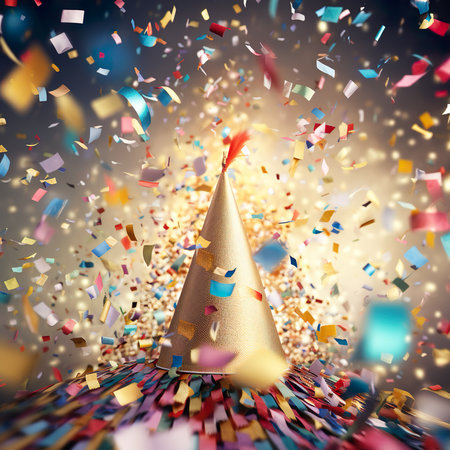 Party hat with confetti and streamers on abstract background. 3d illustrationsの素材