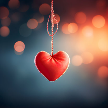 Red heart hanging on a rope on bokeh background. Valentine's day concept.の素材