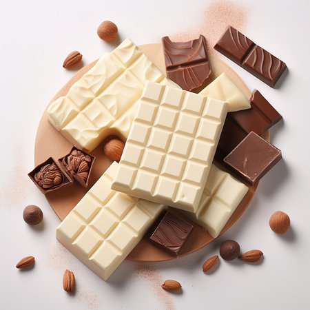 White and dark chocolate bars with nuts on white background, top viewの素材