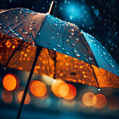 umbrella in the rain at night, bokeh background.の素材