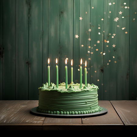 Birthday cake with candles on green wooden background. Toned.の素材