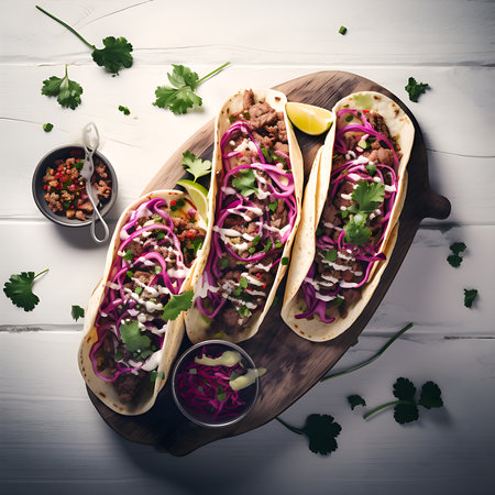 Traditional Mexican tacos with beef, onion and cilantro on wooden backgroundの素材