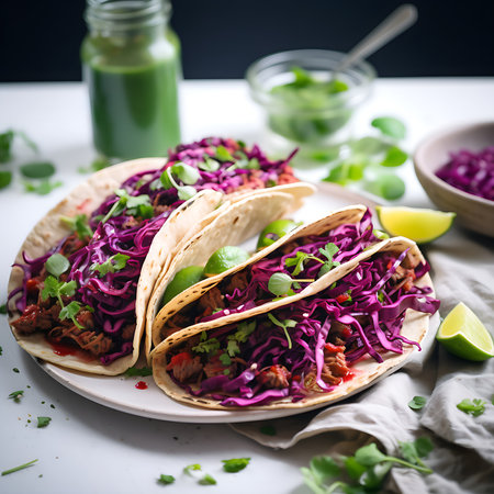 Tacos with coleslaw and red cabbage on white backgroundの素材