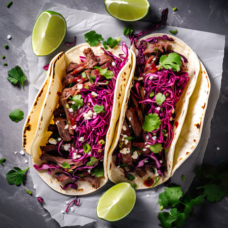 Traditional Mexican beef tacos with red cabbage and cilantro on dark backgroundの素材