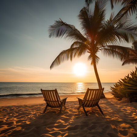 Tropical beach with palm tree and chair at sunset time - Vintage Filterの素材