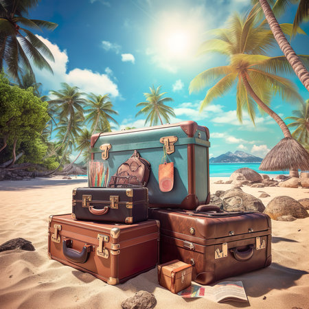 Vintage suitcases on tropical beach. Travel concept. 3D renderingの素材