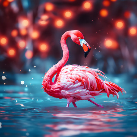 Flamingo in the water at night. 3D illustrations.の素材