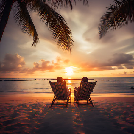 Silhouette of couple sunbathing on the beach at sunset timeの素材