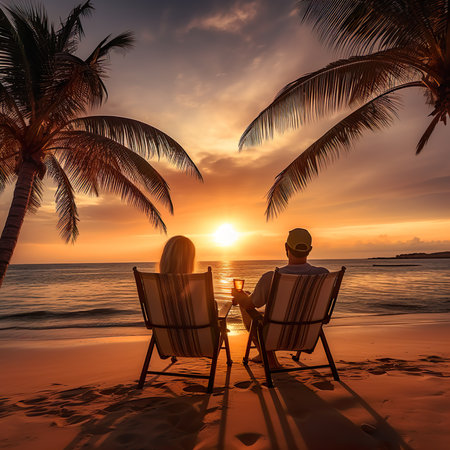 Couple on a tropical beach at sunset. The concept of love and romance.の素材