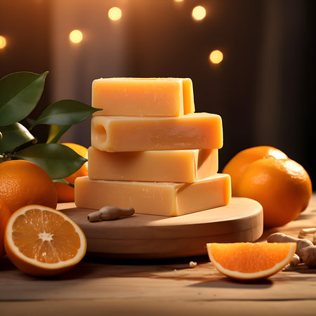 Cubes of natural soap on a wooden table with oranges and honeyの素材